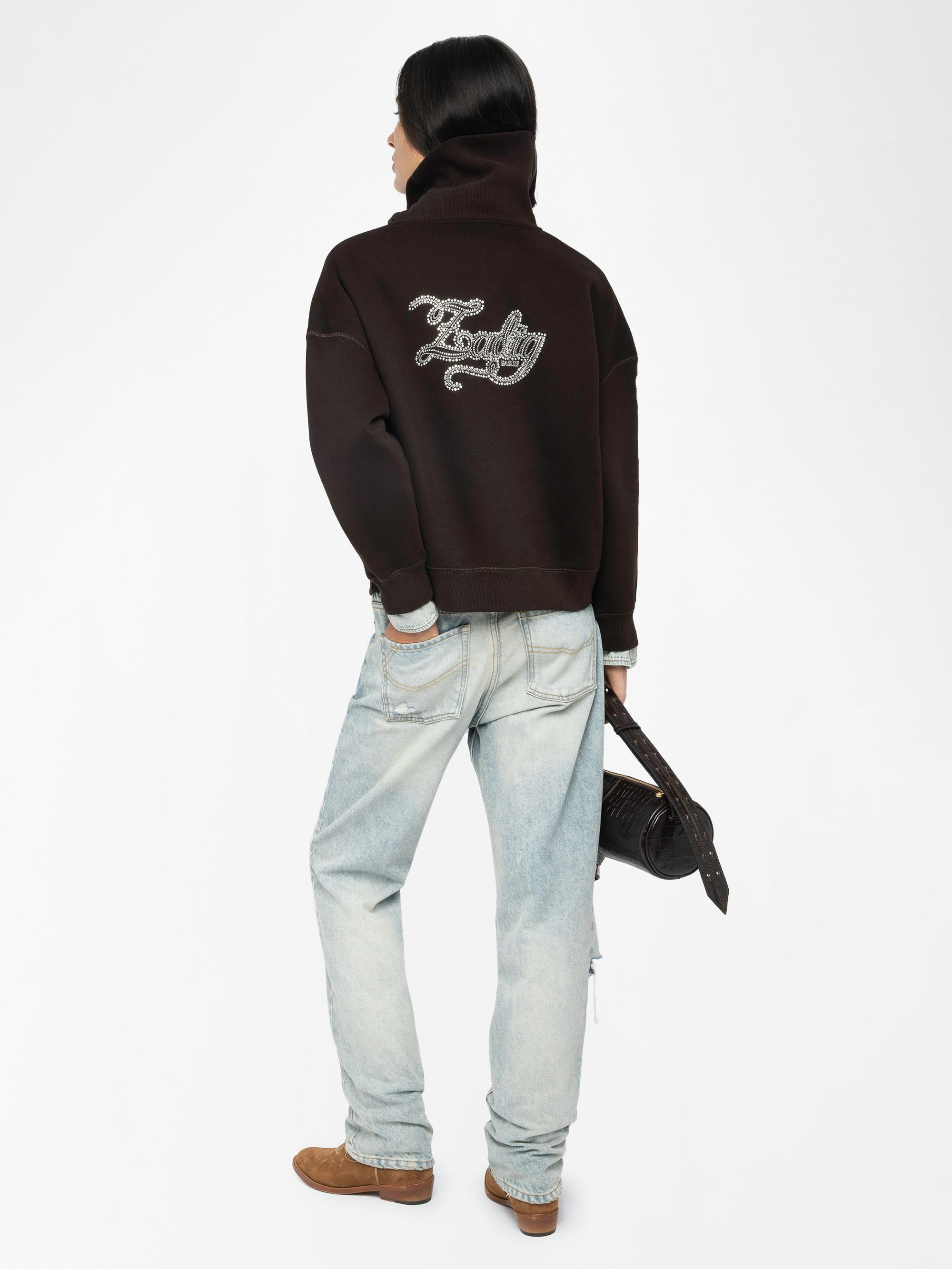 Maya Sweatshirt - Sweatshirt with high collar and zip closure with embroidery and rhinestones on back.
